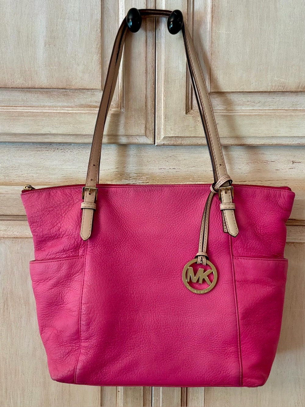 Michael Kors Hot Pink Leather Tote with Beige Straps
